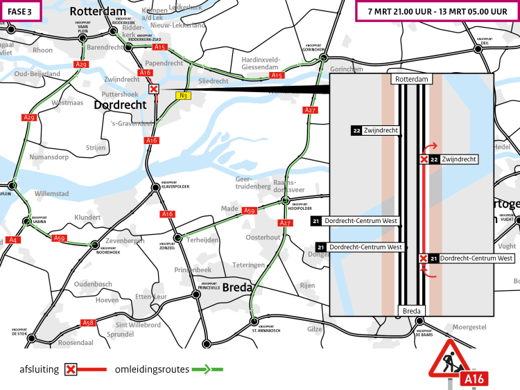 Werkzaamheden Drechttunnel (A16) richting Rotterdam van 7 tot 13 maart; forse hinder verwacht